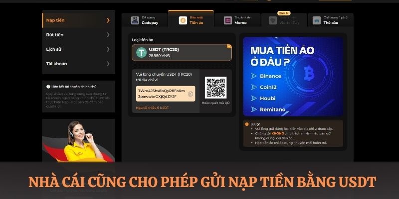 Nhà cái cũng cho phép gửi vốn cược bằng USDT